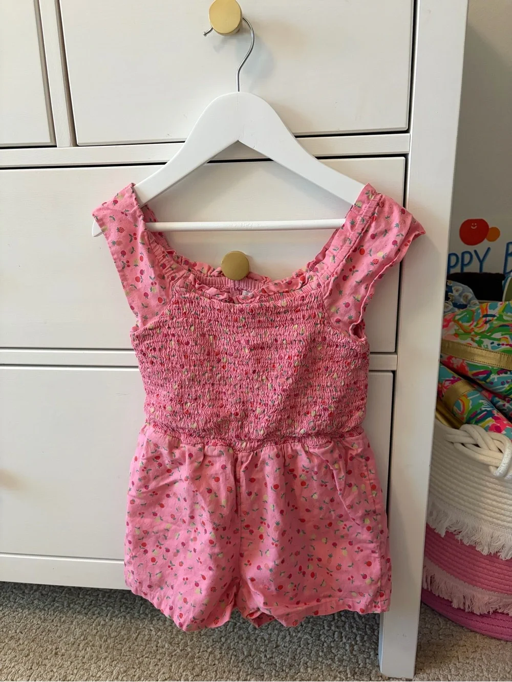 Baby Gap Girls 5 Smocked Fruit Floral Romper Pink 100% Cotton